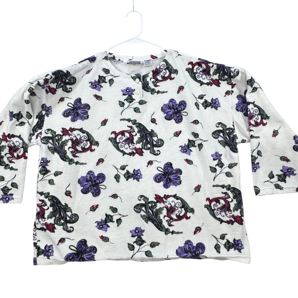VTG Gitano Knit Pullover Women 20W White Floral Henley LS Cottagecore Cropped - Picture 1 of 11